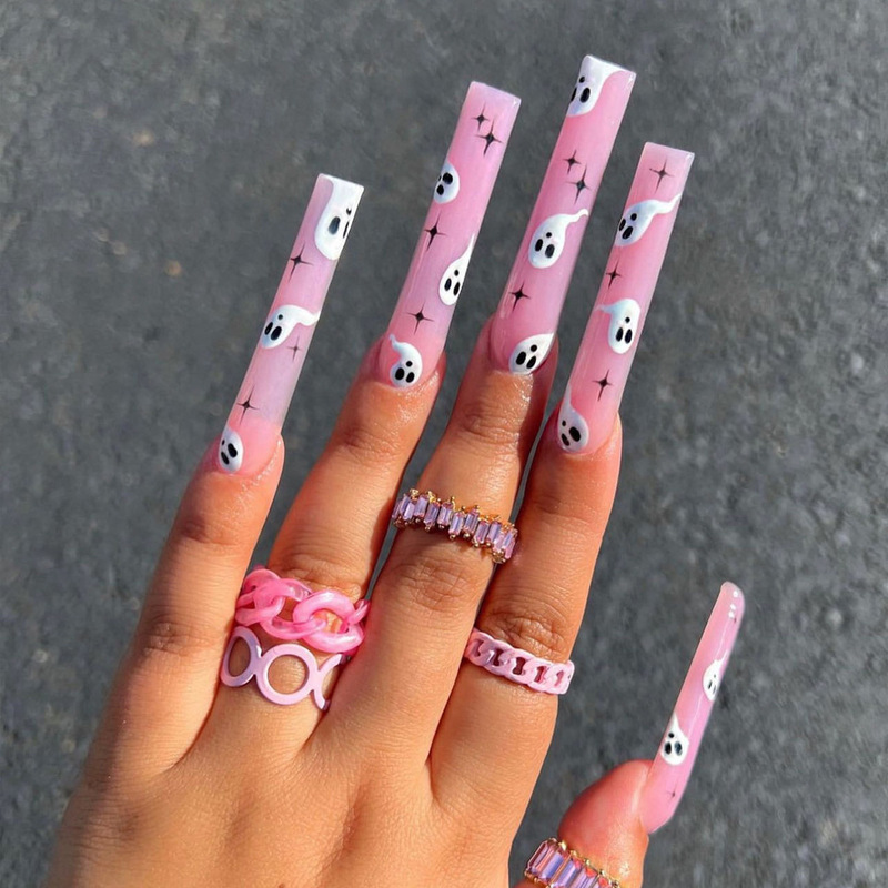 Super Long Halloween Square Finished Wear Armor Cartoon Ghost Graffiti Design Foreign Trade False Nails Wholesale Super Long Halloween Square Finished Wear Armor Cartoon Ghost Graffiti Design Foreign Trade False Nails Wholesale