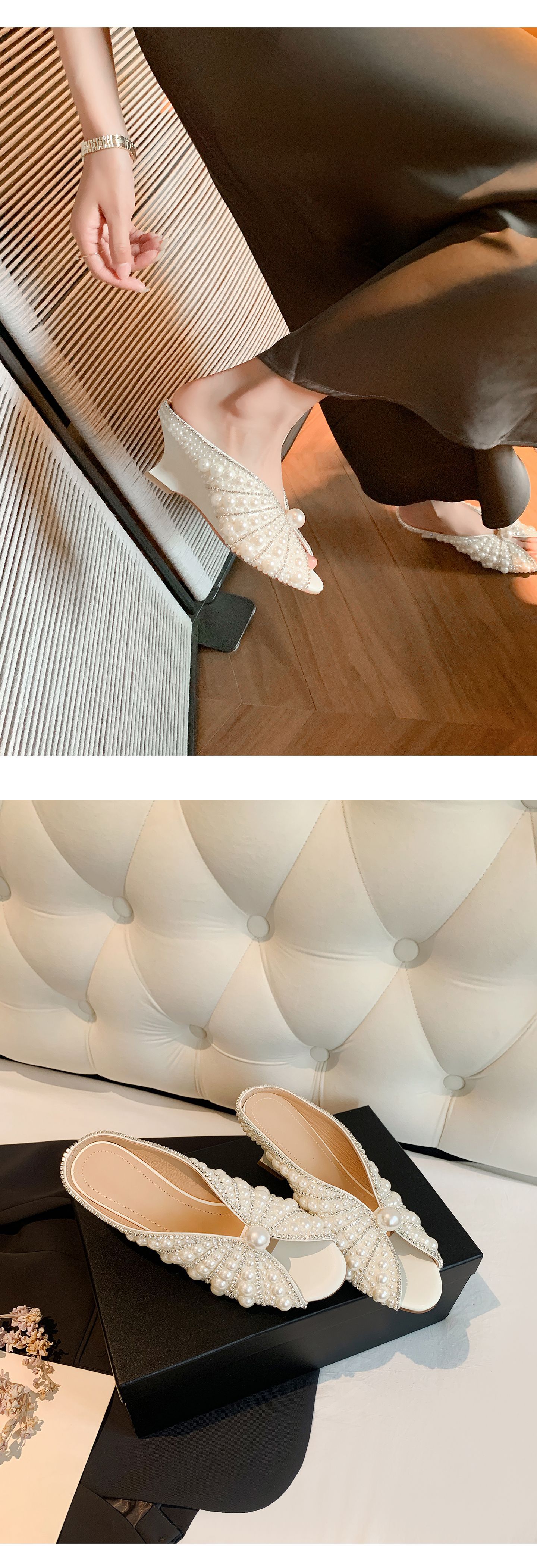 Sandal cao gót nữ mũi peep-toe đính ngọc trai, gót xuồng platform, phù hợp tiệc tùng — màu đen, màu trắng chi tiết 16
