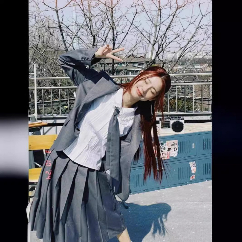 Song Yuqi FATE 韓国クランクレトロカラーブロックチェック柄木耳レース A ラインプリーツアンブレラスカート|undefined
