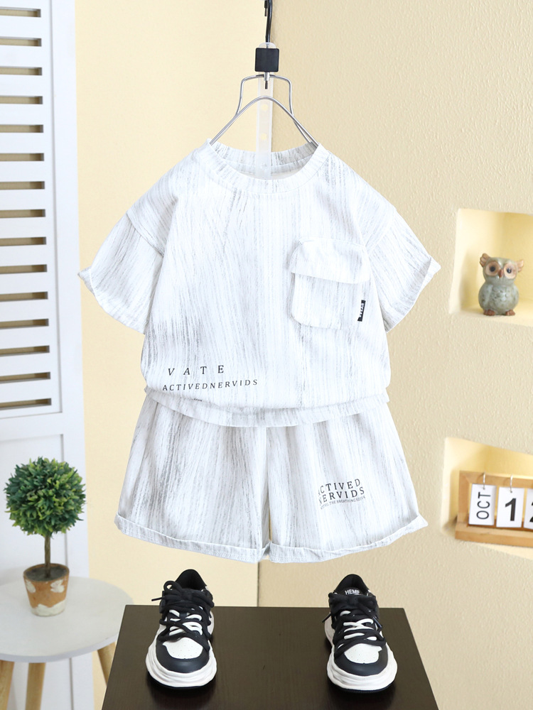 7989 traje de manga corta para niños verano 2025 nuevos pantalones cortos de media manga para bebés de dos piezas ropa fina de verano para niños