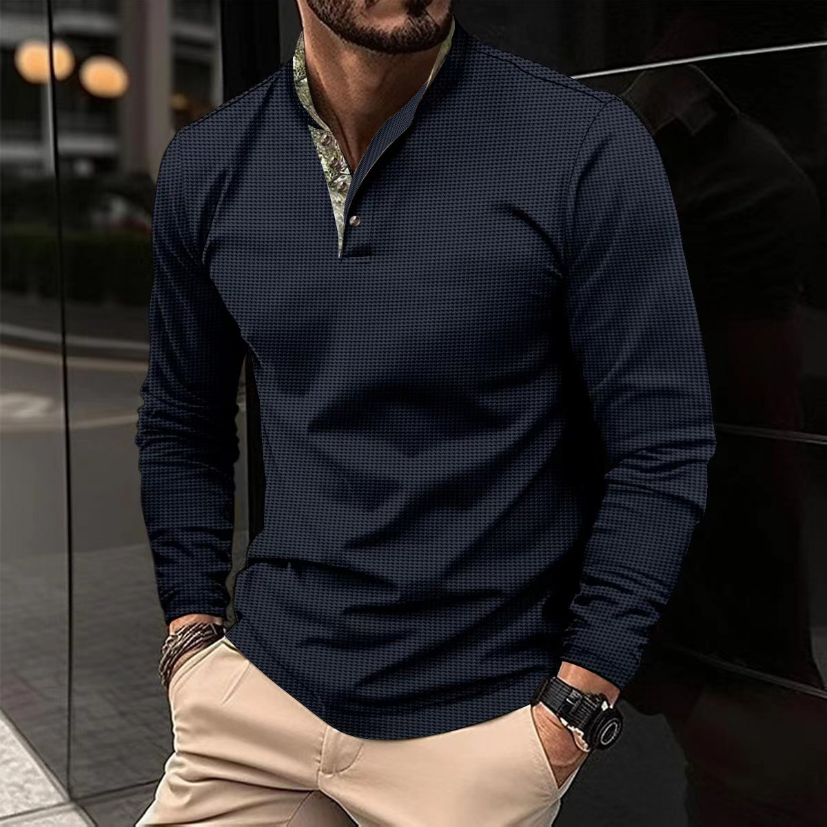 Langarm-POLO-Shirt für Herren im Henry-Stil, Rundhals-Oberteil mit Waffelmuster für Herren_voghion.com