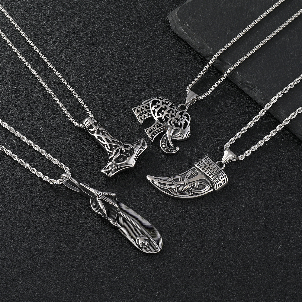 Titanium Casting Male Personality Elephant Teeth Feather Necklace, Punk Style Pendant, Stainless Steel Jewelry_voghion.com