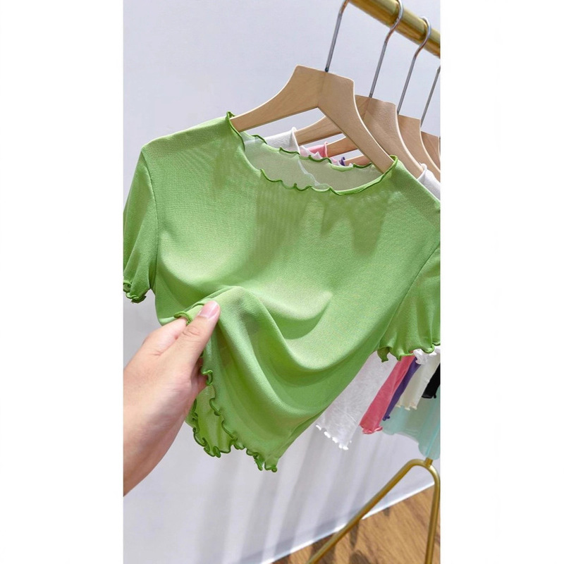 See-Through Lace Camisole for Women, Summer Slip Dress Inner Wear, Short-Sleeve T-Shirt, Sheer Blouse with Ruffled Edges, Short Mesh Top See-Through Lace Camisole for Women, Summer Slip Dress Inner Wear, Short-Sleeve T-Shirt, Sheer Blouse with Ruffled Edges, Short Mesh Top
