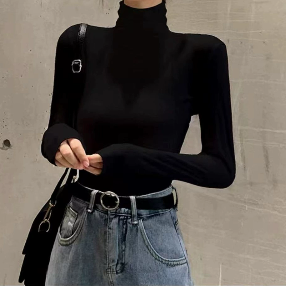 2024 новые осенние и зимние стройные футболки с длинными рукавами и высоким воротником для кожи