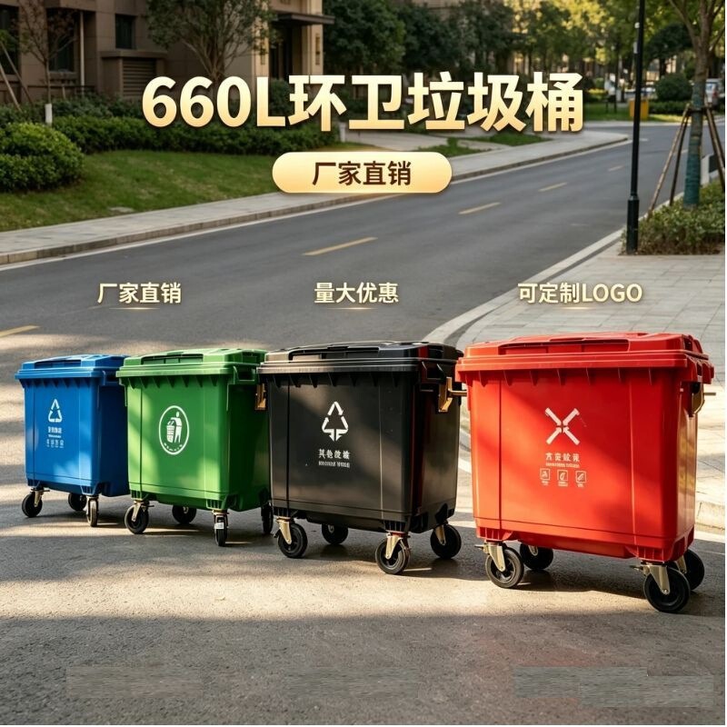 660-Liter Large Municipal Sanitation Trash Bin, Thickened Outdoor Large Plastic Trash Bin with Wheels 660-Liter Large Municipal Sanitation Trash Bin, Thickened Outdoor Large Plastic Trash Bin with Wheels