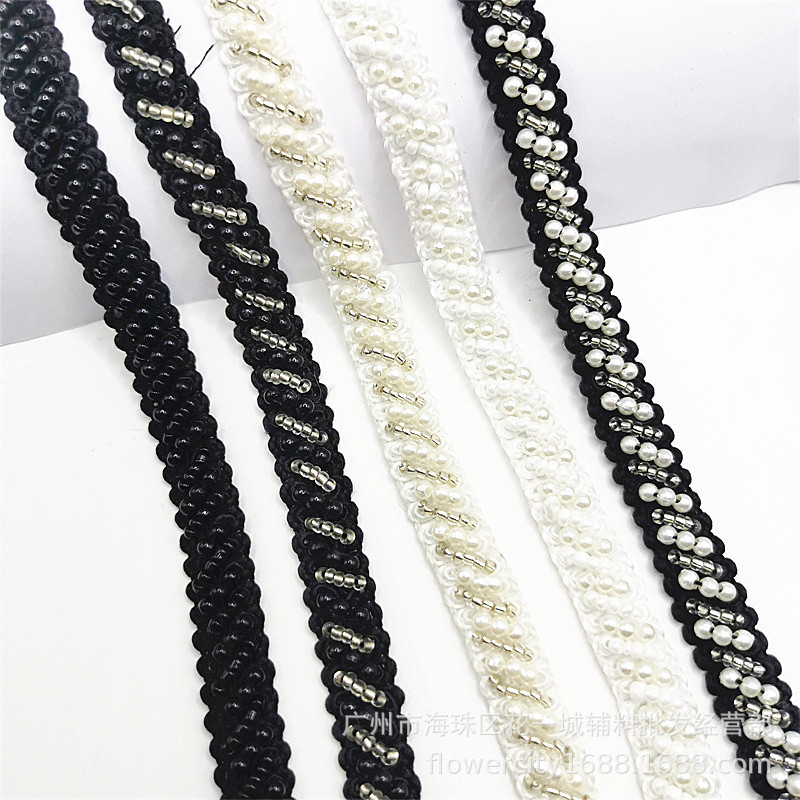 现货手缝珍珠花边 条码礼服装饰带 斜缝手工钉珠带 车骨婚纱饰品|ms