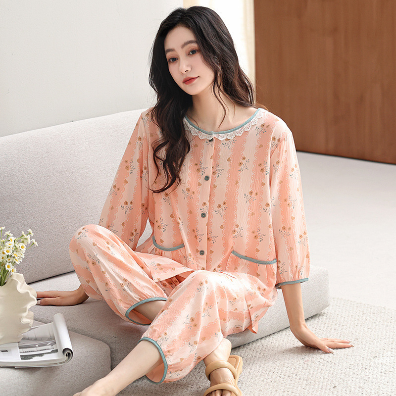 Summer Casual Cardigan Women's Pajamas Set Cotton Thin Breathable Korean Style Round Neck Home Wear Short-Sleeved Cropped Pants