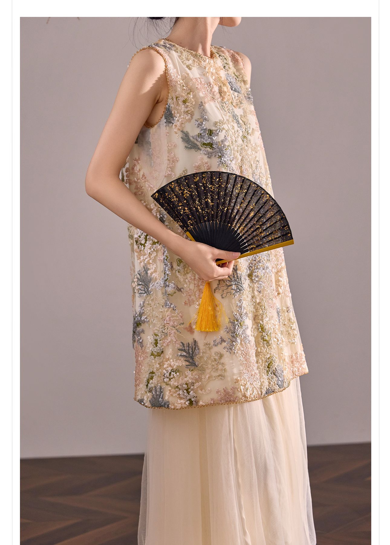 Đầm suông nữ midi tân cổ điển không tay, thêu đính cườm sequin, form chữ A — màu mơ chi tiết 9