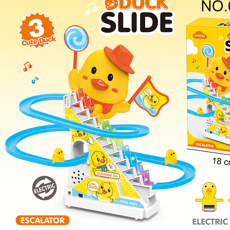 Nuevas cajas de color transfronterizas patos amarillos escaleras de pista eléctrica tobogan música iluminación puzzle juguetes de ensamblaje
