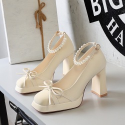 9899-9 French style bow waterproof platform, thick heel high heels, women's shallow toe, pearl buckle single shoes, women's shoes