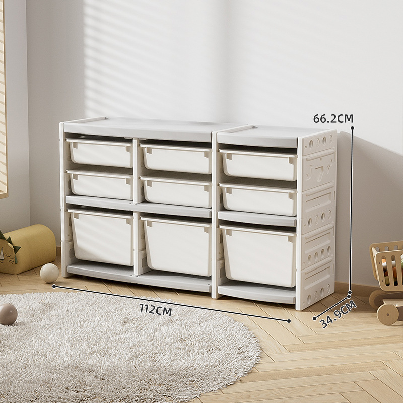 Juego de muebles infantiles de plástico con un armario de almacenamiento tipo cajonera de gran capacidad y varias capas para juguetes, para colocar contra la pared en la sala de estar.
