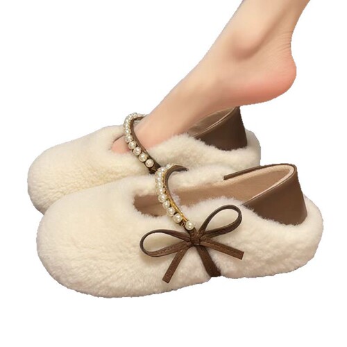 Fairy style, pearl and velvet flat-minocco shoes, women's autumn Korean style warm slip-on bow and fluffy cotton shoes