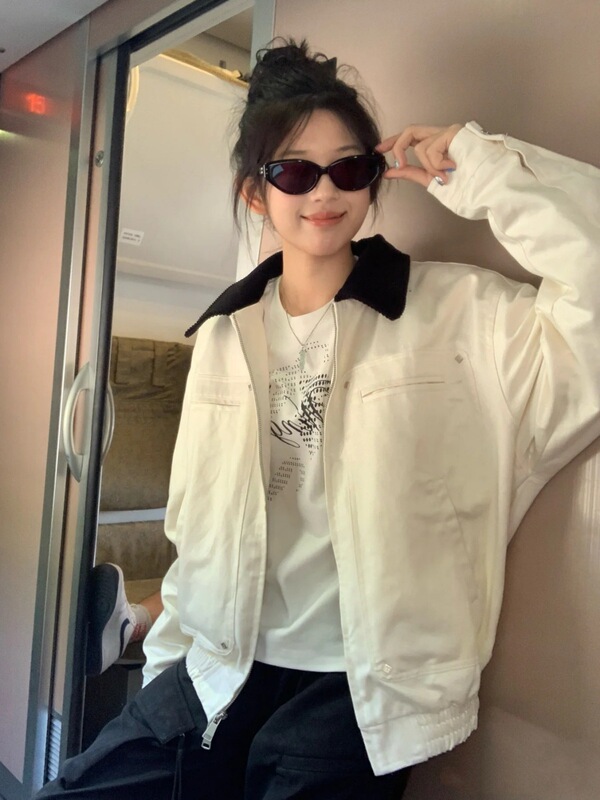 春秋季新款美式复古撞色翻领夹克男女同款宽松简约百搭工装外套潮|undefined
