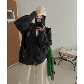 法式重工刺绣绞花V领针织开衫女秋冬新款宽松慵懒风毛衣外套上衣