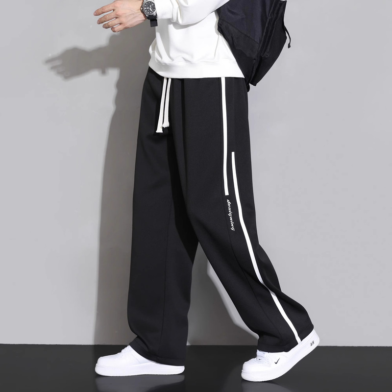 男女同款条纹卫裤男生夏季宽松直筒裤休闲长裤青少年阔腿运动裤子|undefined
