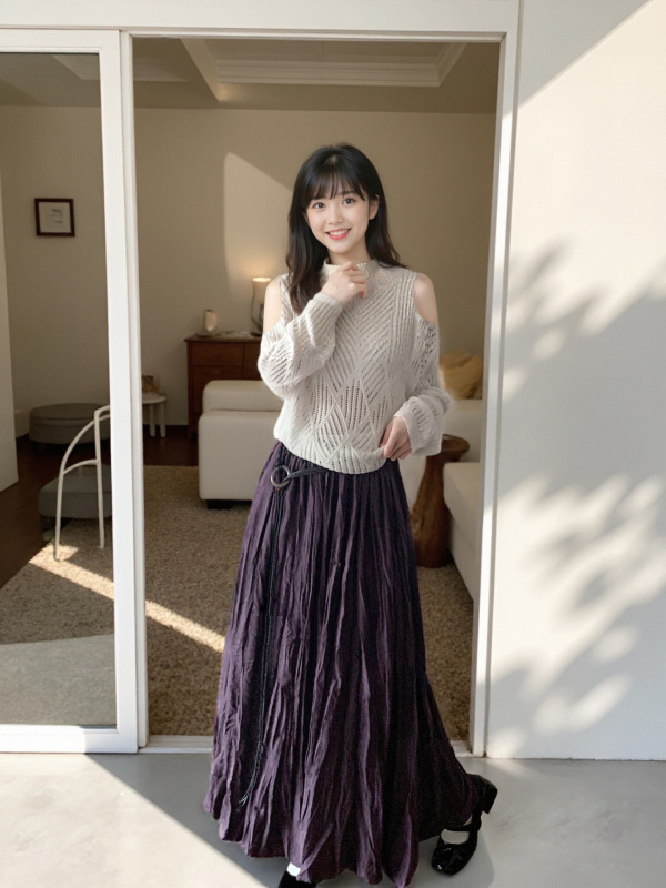 复古褶皱高级休闲半身裙女早秋2025新款高腰宽松A字大摆气质长裙|undefined