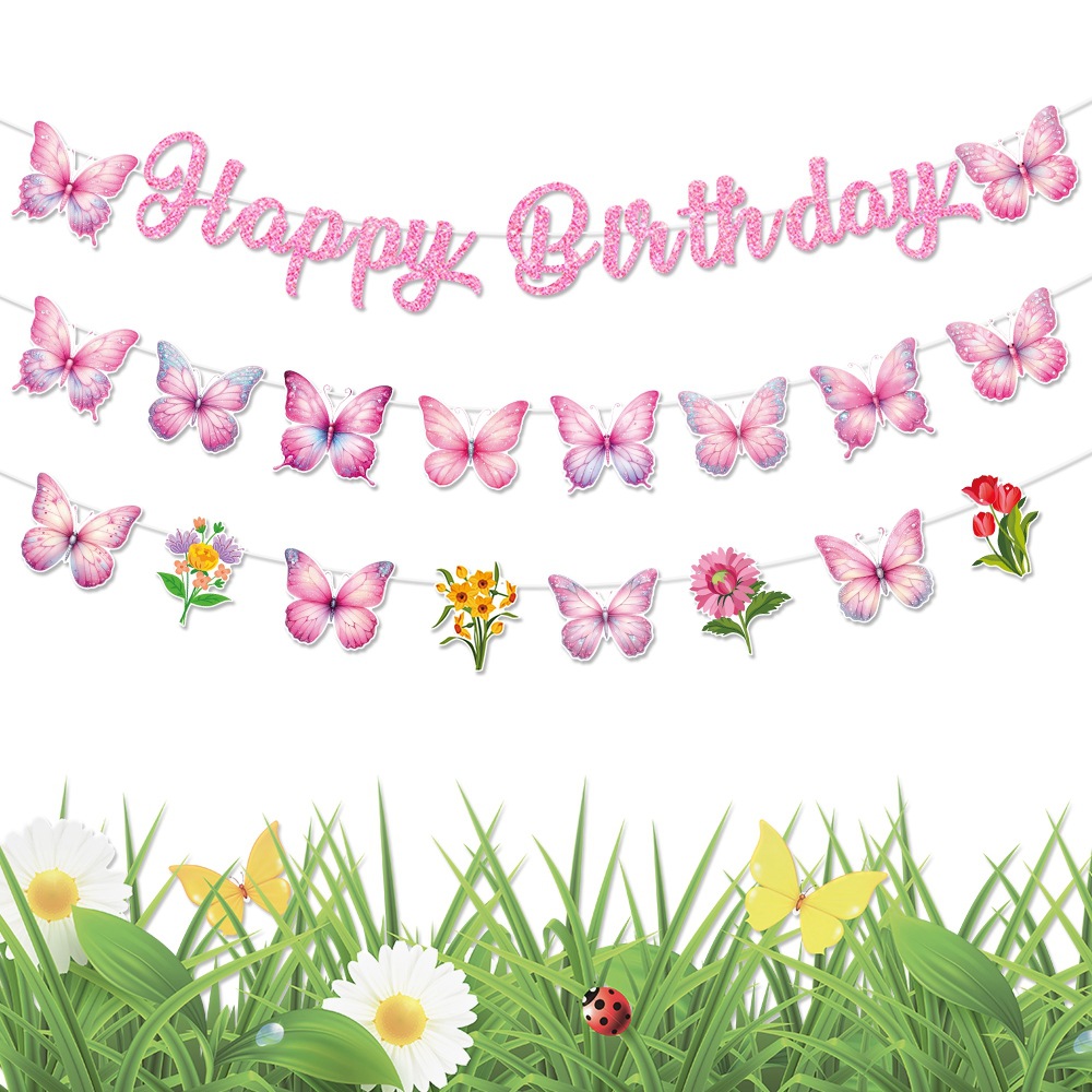 Nuevo tema mariposa cumpleaños tira banderas feliz cumpleaños tira banderas decoración de cumpleaños atmósfera diseño