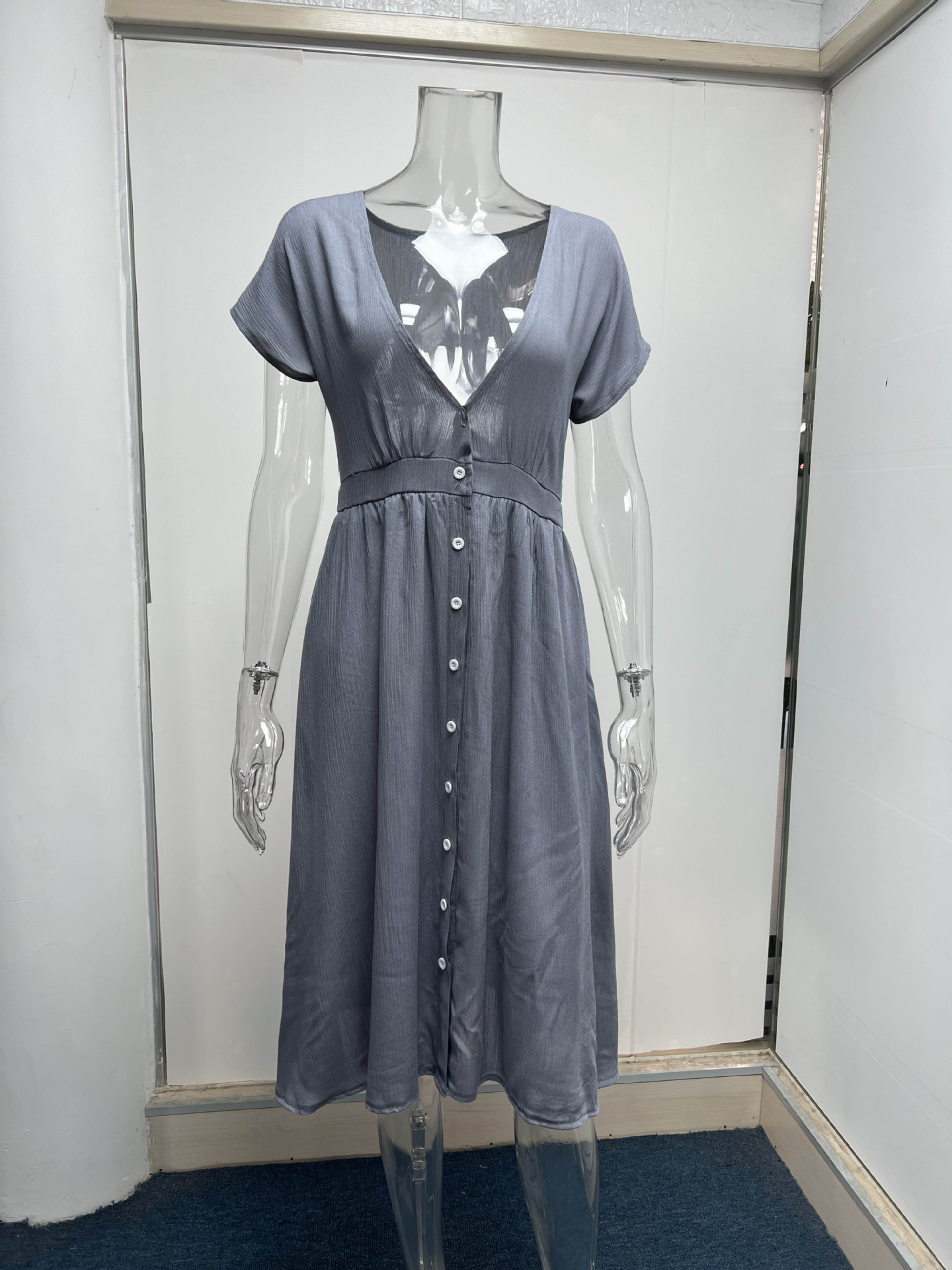 Summer Double Layer Tulle Solid Color Dress Women Deep V Plunge Short Sleeve Waist Controlled Maxi Dress