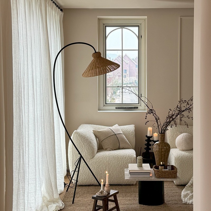 Medieval French Informena Rattan Wabi-Sabi Style Fishing Floor Lamp High-End Living Room Sofa Retro Designer Lamp