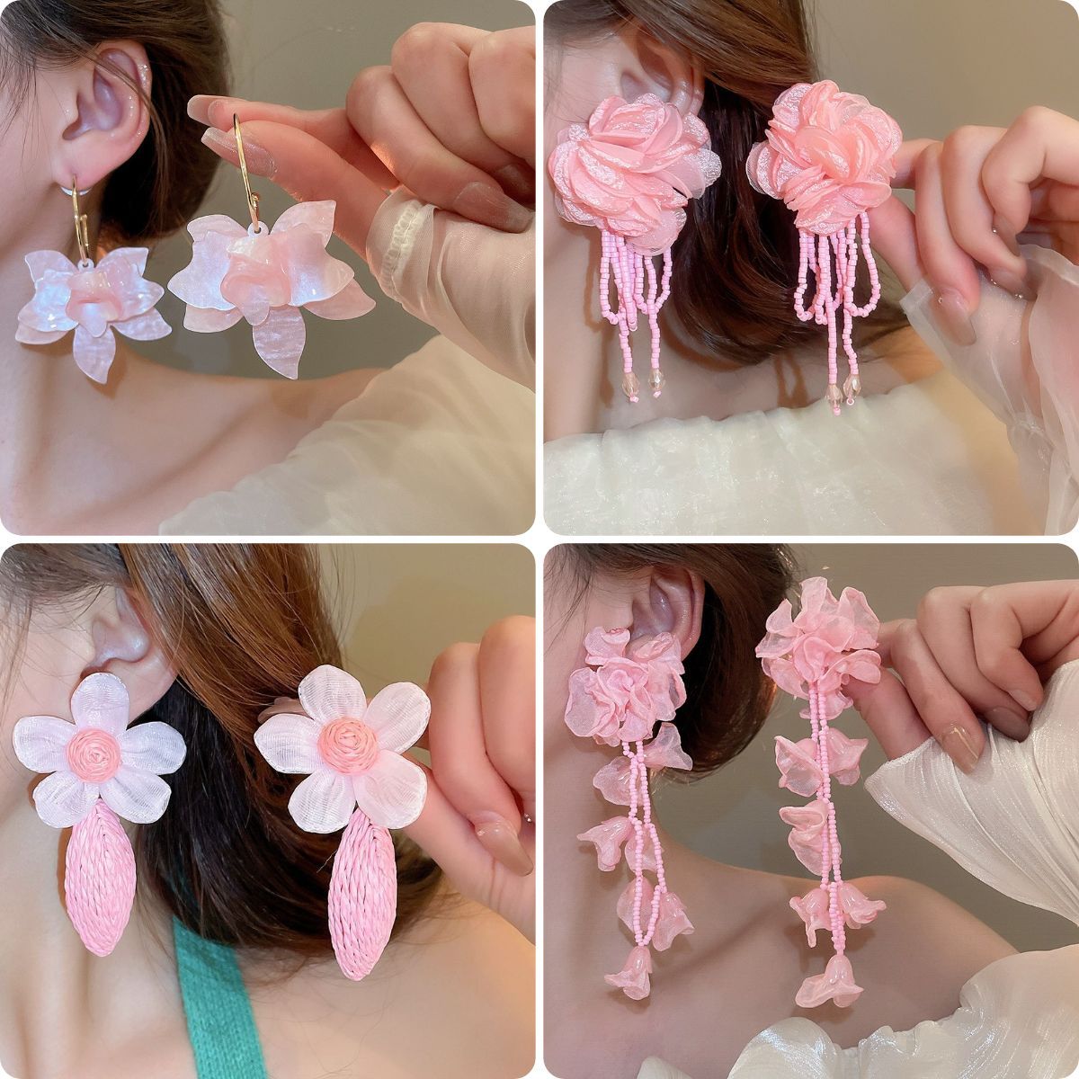 Aguja de plata flor rosa borla estilo vacaciones pendientes verano dulces y exquisitos pendientes pequeños pendientes de diseño fresco mujeres