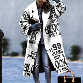 跨境女装秋冬装新款英伦风字母印花大码长款呢子大衣毛呢外套