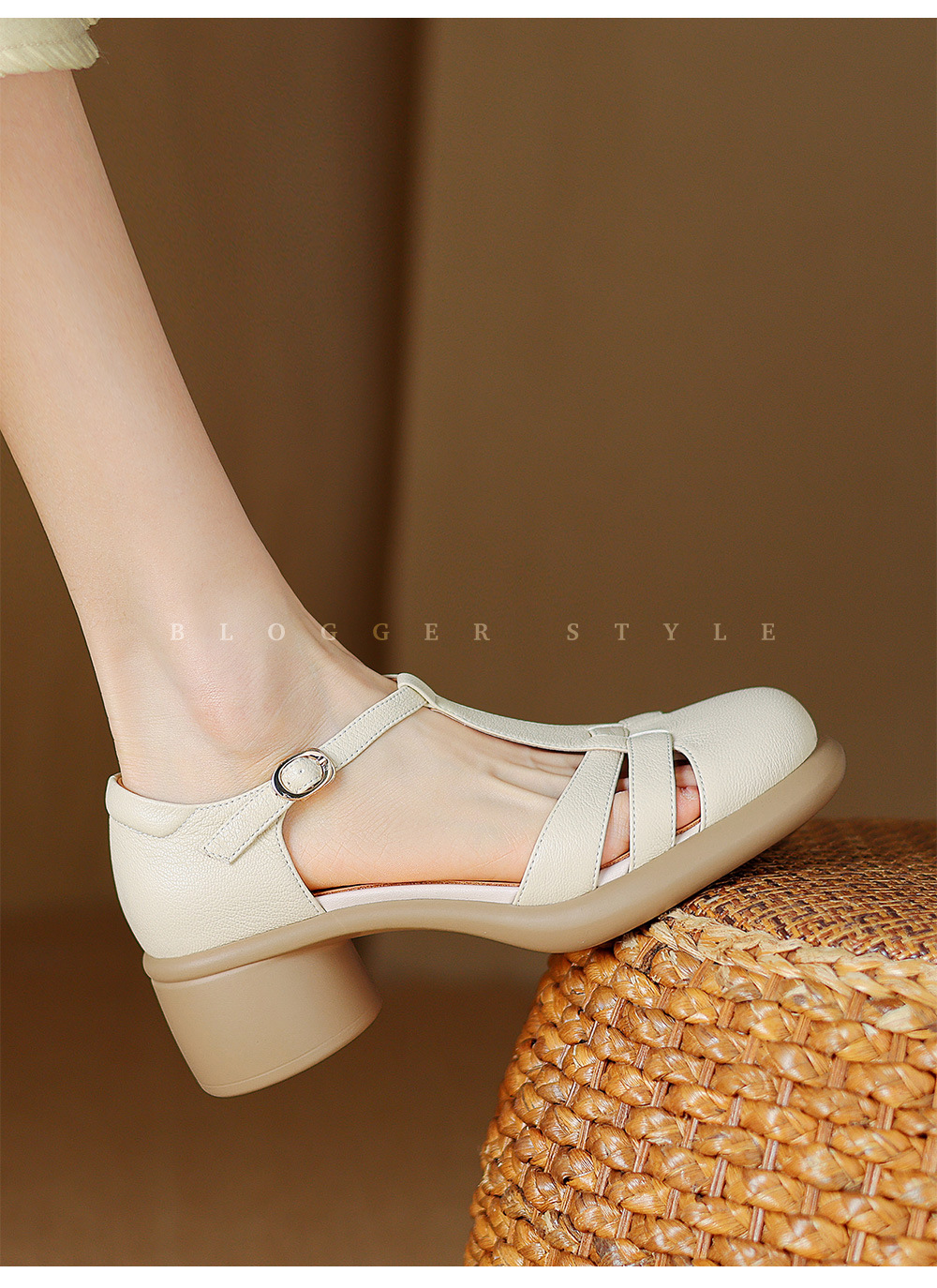 Sandal Mary Jane nữ đế dày gót vuông mũi tròn dệt kiểu La Mã — Màu trắng nhạt chi tiết 11