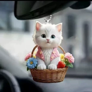 Акриловый брелок-котик в корзинке для авто
