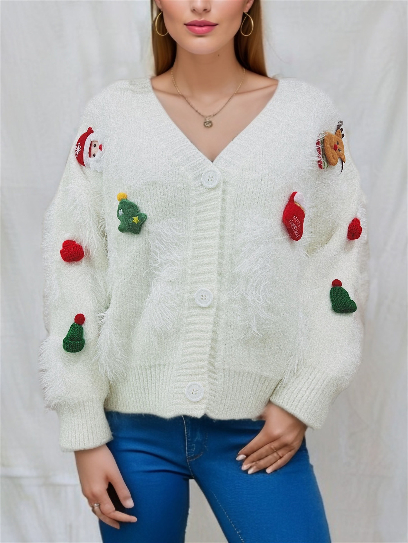 Abbigliamento da donna Maglione rosso di Natale per Capodanno in velluto di visone Decorazione natalizia tridimensionale Giacca cardigan monopetto per donna_voghion.com