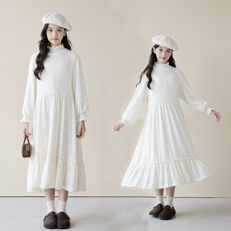 25 Girls Dress Autumn and Winter Korean Style New Knitted Jacquard Lace Skirt Medium and Large Children's Style Fairy Princess Skirt