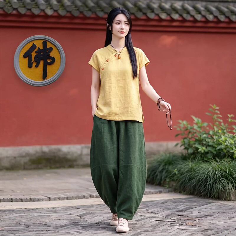 Women's Buddhist-style summer thin Tencel-linen Zen-inspired new Chinese-style tea attire and meditation suit for women