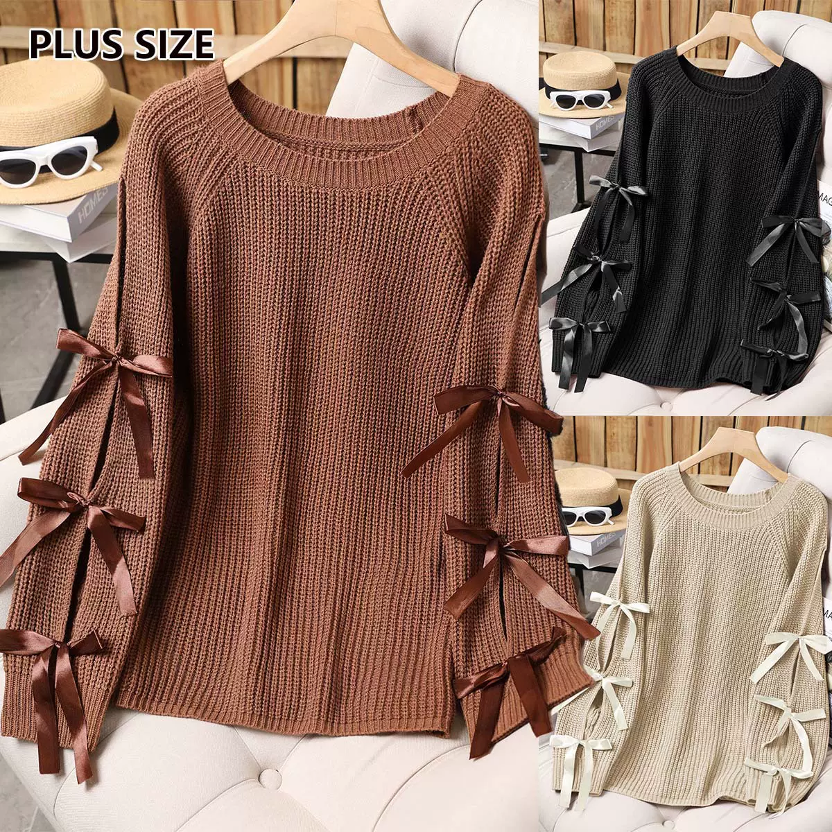 跨境早秋新款美式甜美蝴蝶结装饰毛衣性感宽松长袖针织大码套头衫