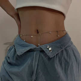 欧美性感少女水晶珍珠吊坠肚脐链牛仔裤链条bellychain skl000323