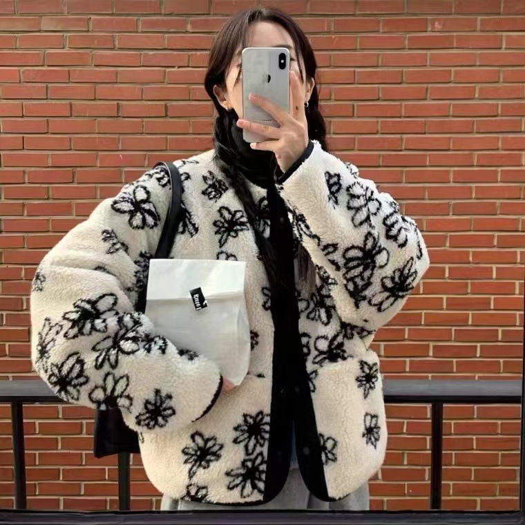 Demi-season retro velvet double-sided down jacket flower-shaped