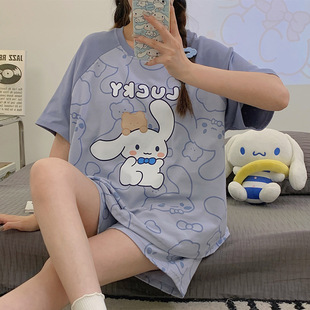 2024 new summer pajamas women's short-sleeved shorts round neck pullover cute cartoon suit homewear can be worn outside