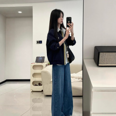 秋装搭配一整套韩系穿搭复古拼接夹克外套宽松牛仔阔腿裤两件套女