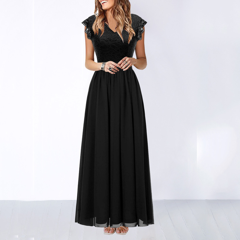 2022amazon summer sexy hollow V-neck large swing dress sleeveless lace stitching chiffon long dress
