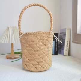 2025新款国风度假风手提拉菲草水桶编织包单肩草编包沙滩包