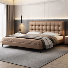 意式极简真皮床现代简约薄款齐边床双人主卧大床华夫格高箱储物床