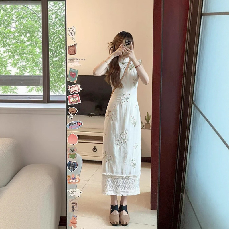 Lingqian Zihuo ファッションリリース新しい中国風のレトロな改良されたチャイナドレス刺繍パッチワークドレス|undefined