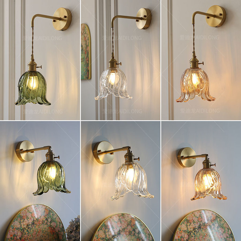Vintage Brass Glass Wall Lamp, Simple Modern Nordic Mirror Front Light, Background Wall Bedroom Bedside Pendant Led Light