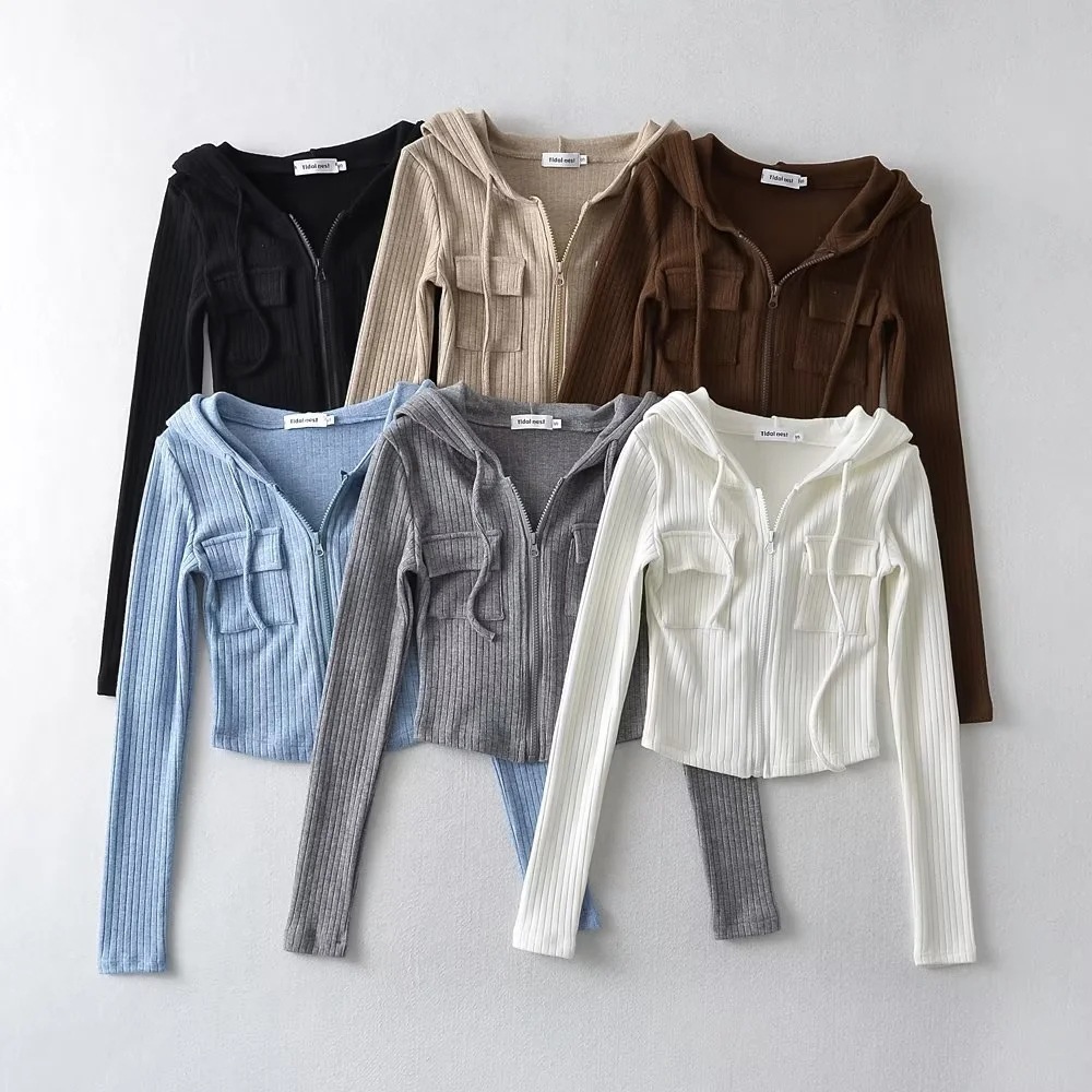 American Style Hot Girl Stretch Slim-fit Thickened Pit-strip Knitted T-shirt Top Women's Spring and Autumn Short Tight Hooded Cardigan