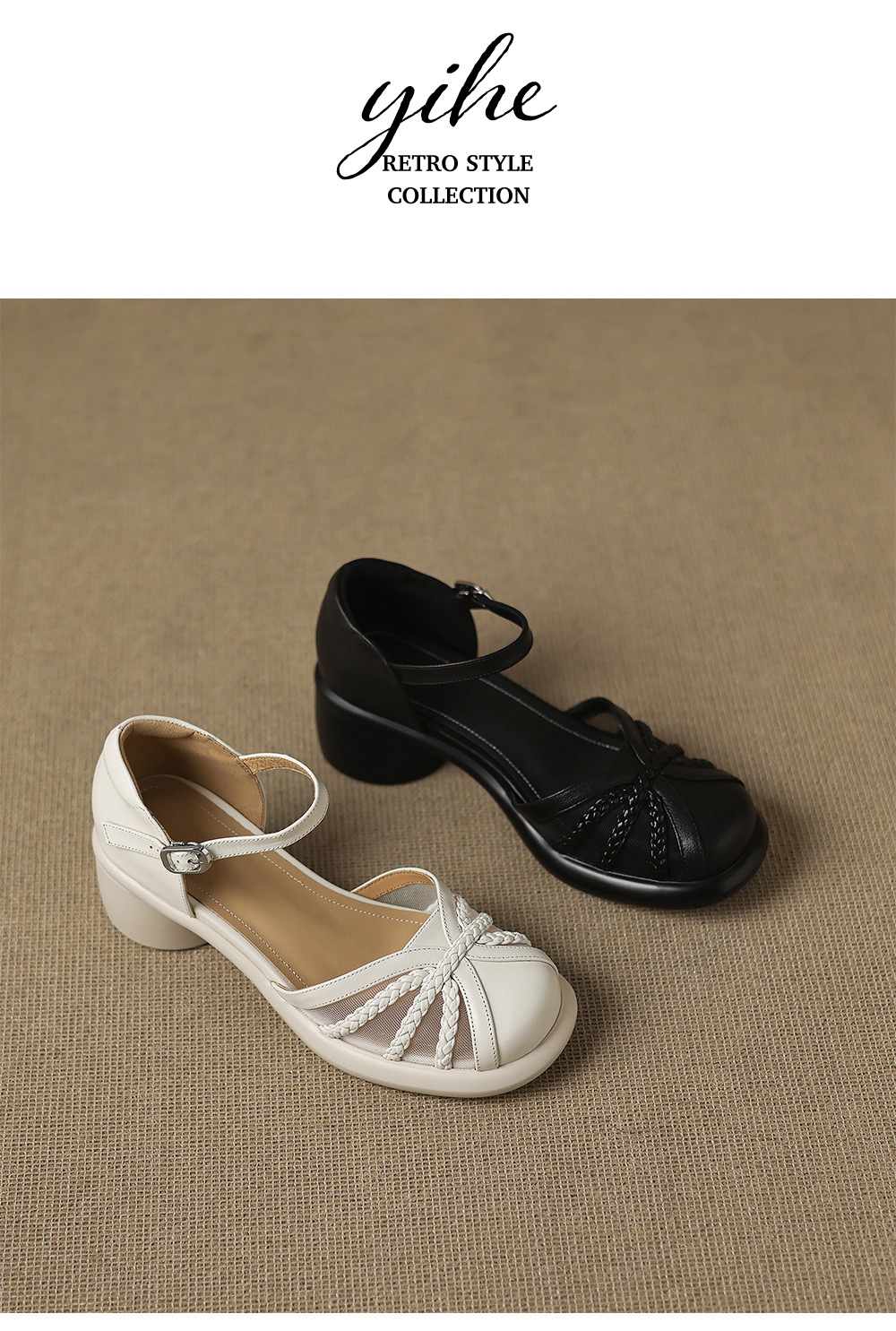 Sandal quai ngang nữ mũi bao da bò gót dày kiểu La Mã lưới rỗng — đen chi tiết 13