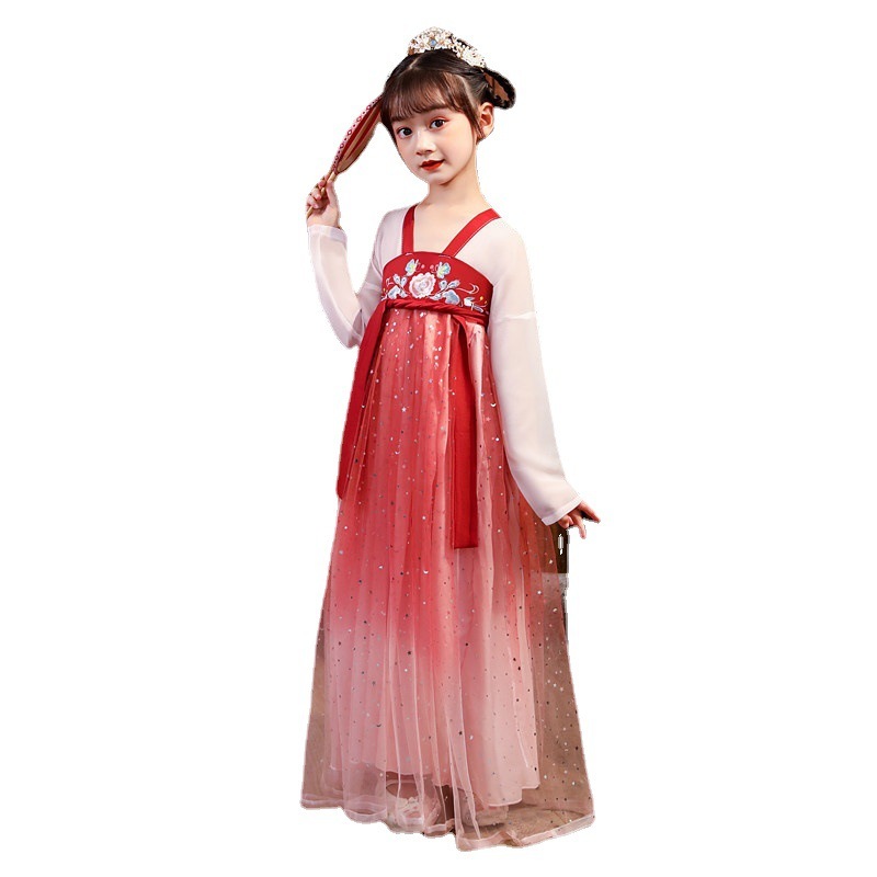 漢服の女の子のスカートのアンドロメダのふわふわした軽紗の夏服の震え音の子供の時代の中国風のワンピースの夏の超仙|undefined