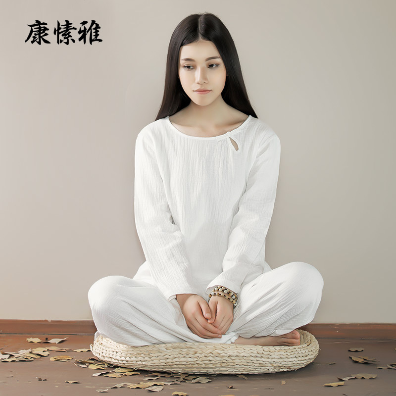 纯棉瑜伽服套装女长袖中国风新款棉麻禅修服禅意茶艺师居士服批发