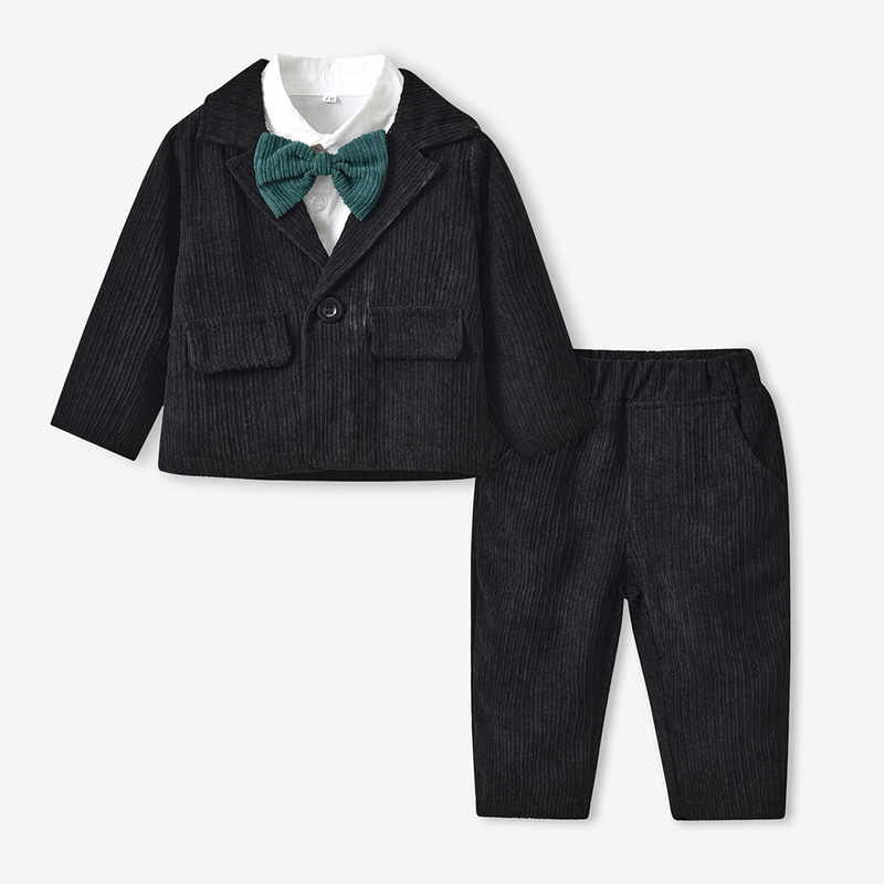 New Children's Clothing Long-sleeved Corduroy Jacket Solid Color Cotton Shirt Children's Pants Three-piece Set display picture 3