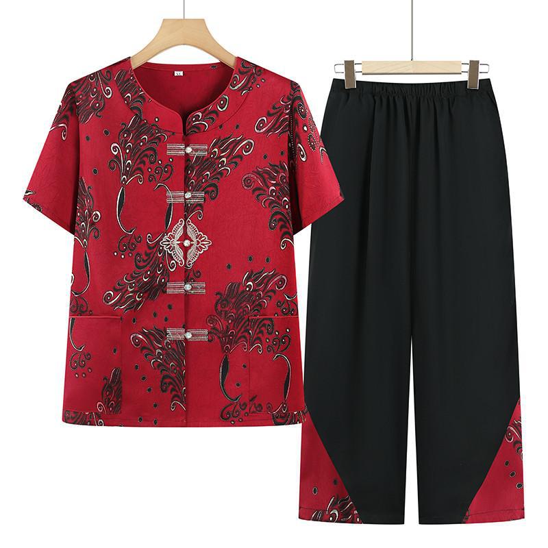 奶奶新中式套装中老年人碎花短袖衬衫妈妈夏装衣服老人冰丝缎开衫