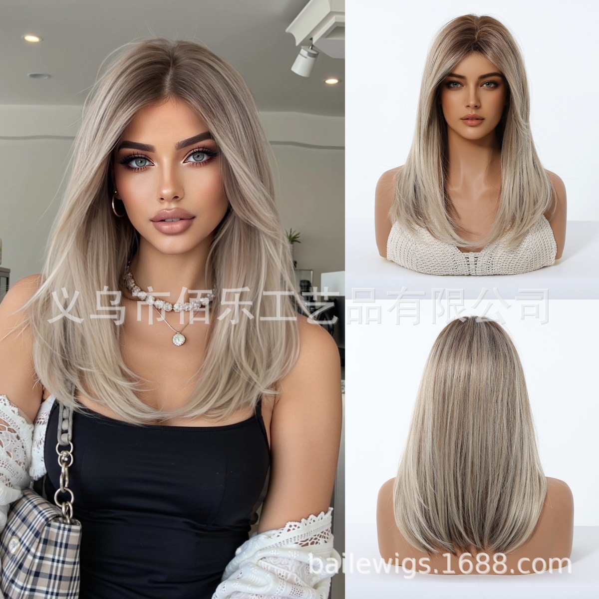 Nuevo negro Rosa flequillo larga recta gradiente de pelo fibra química SEDA NATURAL peluca femenina tocados pelucas fabricante en stock image 13