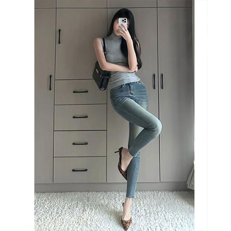2025 Korean Retro Dark Skinny Jeans with Boots Pencil Leggings High-Waisted Slim-Fit Stretch Cropped Pants