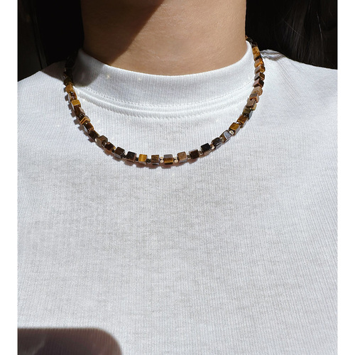 Niche design natural square tiger eye stone bead necklace and earrings set women's Maillard beaded earrings 435