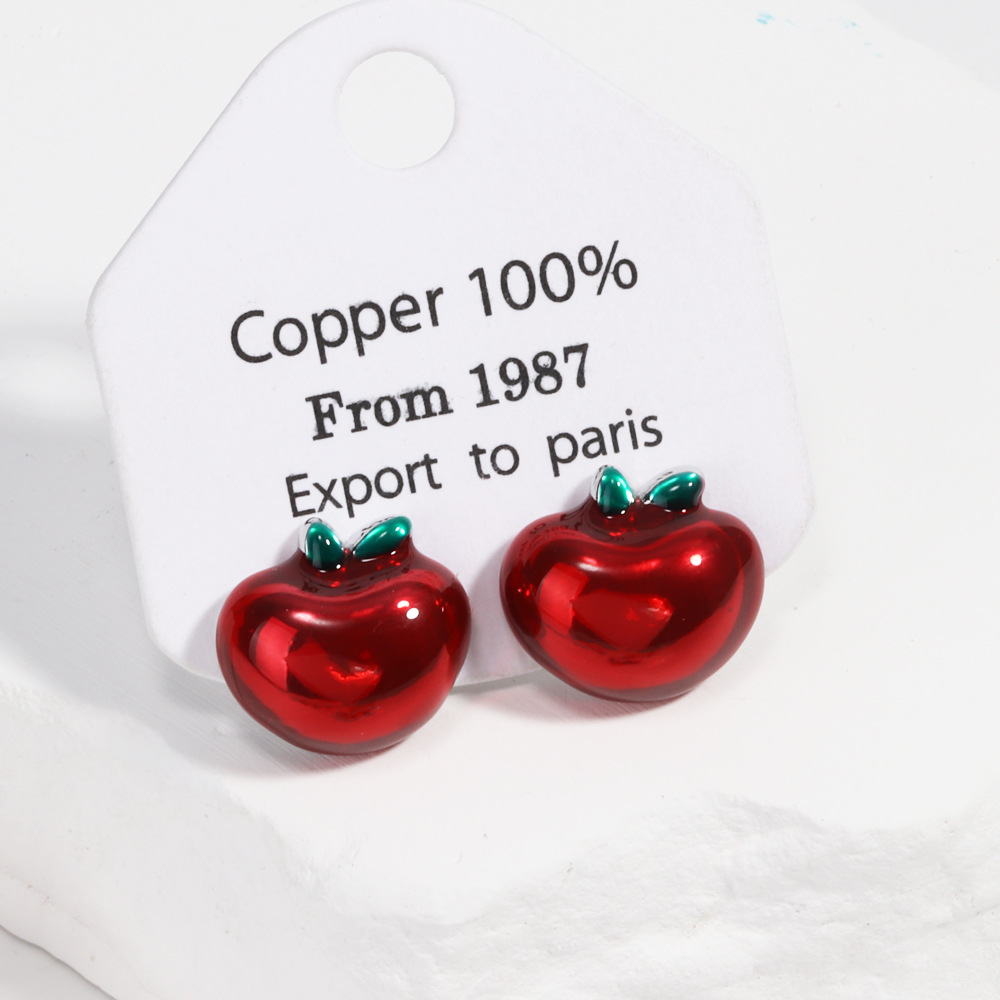 8g Weight Copper Ear Needle Material Ear Studs Classification 1 Pair Quantity Holiday, Daily Occasion Copper Material Cherry, Apple, Strawberry Pattern All Seasons Season Women's Gender Enamel Design Cute Style 1 Pair Cute Cherry Apple Strawberry Enamel Copper Ear Studs 3